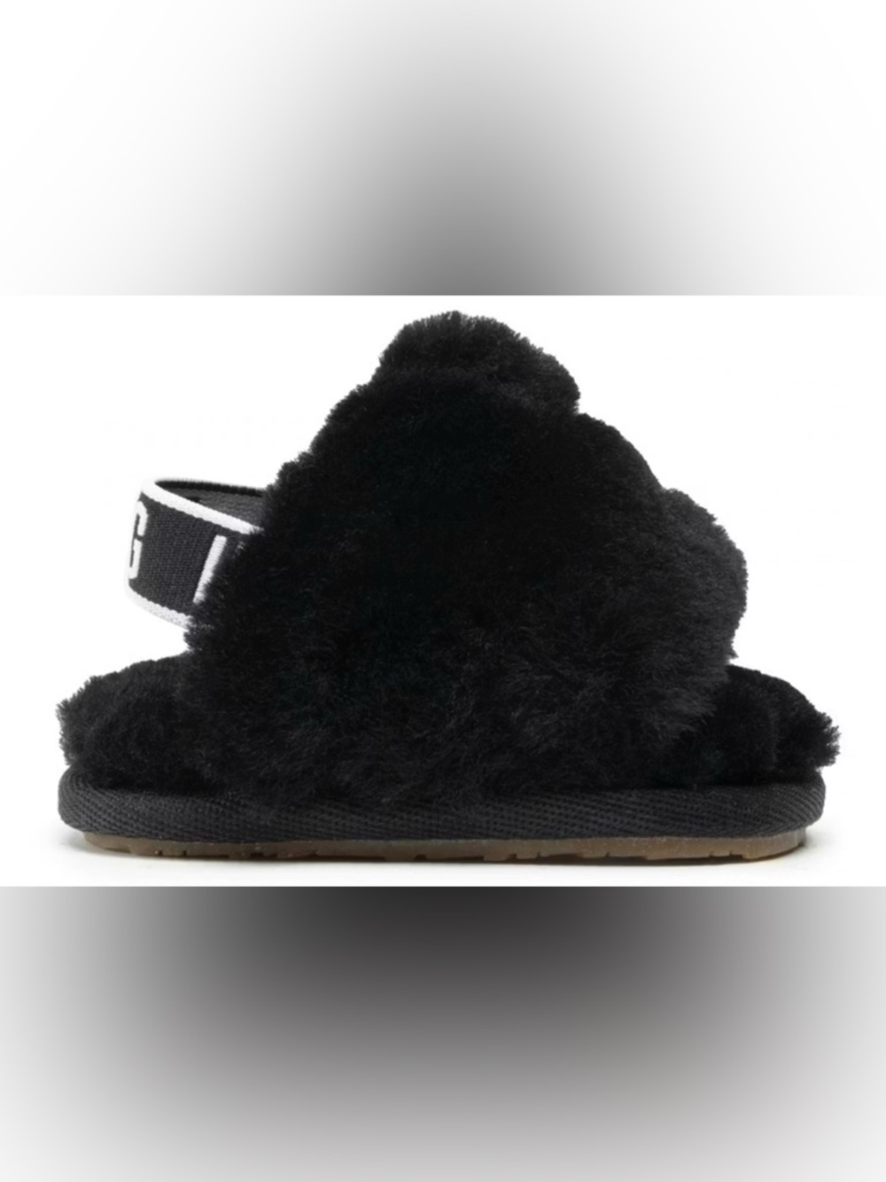 UGG Black Fuzzy Shearling Slide with Branded Elastic Strap - Picture 2 of 6